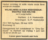 Overlijdensbericht W.A. Hoekendijk-Westra van Holthe (1979)